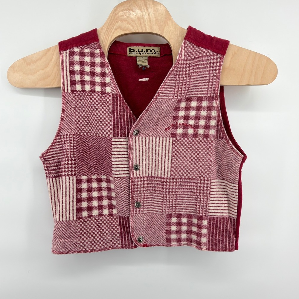 B.U.M. Equipment Vest Womens M Red White Patchwork Plaid Cropped Cotton Vintage